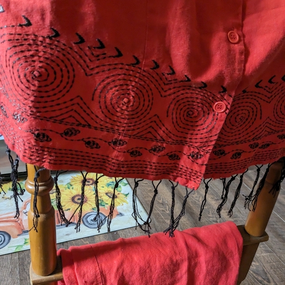 red fringe embroidered pants outfit geometric design button up shirt - Picture 11 of 11